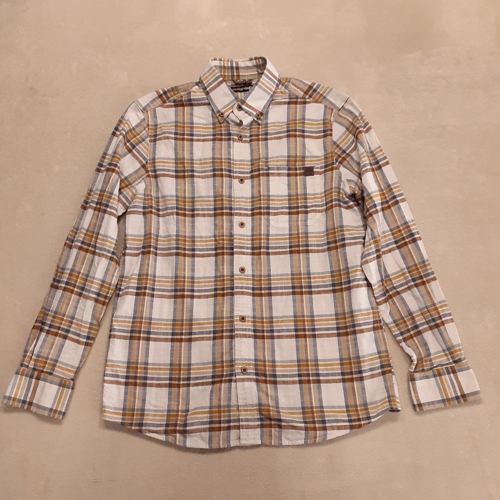 Solaris Mens Long Sleeve Plaid Button Shirt Small Tan Brown Plaid Outdoor Cotton